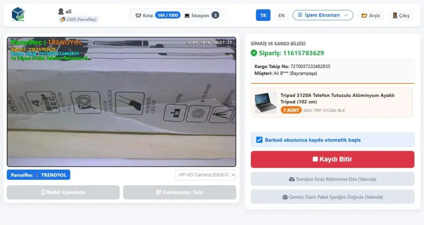 ParcelRec Trendyol paketleme kamera ekranı ve otomatik barkod okuma