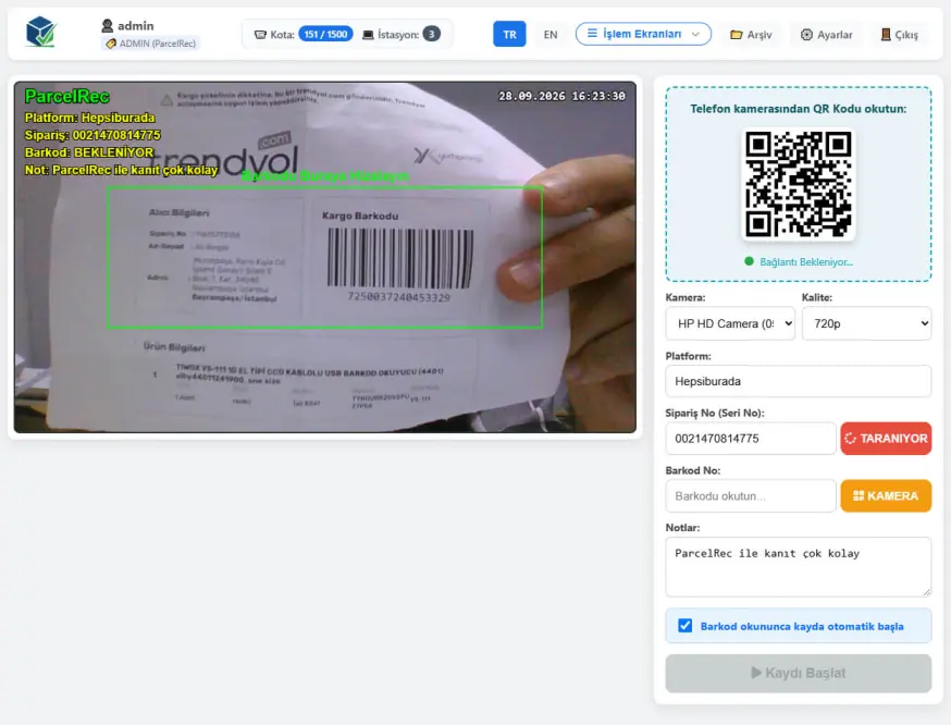 ParcelRec barkodlu kargo kamera sistemi ve NVR IP kamera entegrasyonu