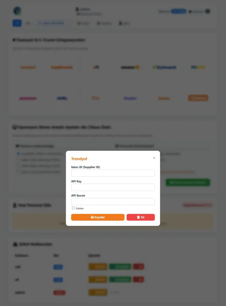 ParcelRec Trendyol entegrasyon ayarları ve API bilgileri